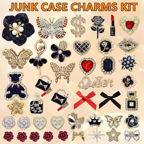 Junk Case Charms,Red & Black Bow Flower Charm for Phone Cases,3D Gold Butterfly Rhinestone Junk Case Kit, Elegant Heart Rose Bear Big Charms,Bling Flat Back Junk Charm Kit for Junk Socks, Shoes, Phone Cases, Bracelets & Customizing DIY Craft Accessories in Saudi Arabia