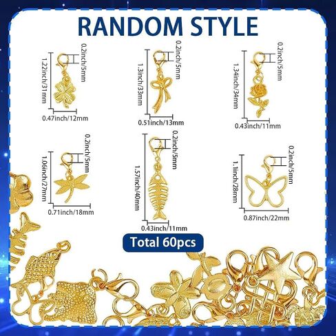 SUNNYCLUE 1 صندوق 60 قطعة مشبك ذهبي على السحر مشبك جراد البحر سحر السائبة سبيكة معدنية ذهبية لامعة حيوانات متنوعة زهرة متدلية المعلقات لصنع المجوهرات لوازم DIY الحرف سوار قلادة الكبار in Kuwait