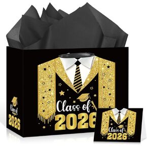 Class Of 2026 Graduation Gift Bag Black Gold Congrats Grad Gift Bag 8th Grade Graduation Wrapping Paper Card 5th Grade Graduation Party Favor Bag College High School Junior Kindergarten Graduate Season Decor in Saudi Arabia