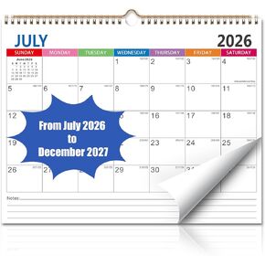 تقويم حائط لمدة 18 شهرًا يوليو 2026 - ديسمبر 2027 - 11 × 8.7 بوصة، تقويم شهري مع العطلات، تواريخ جوليان، ورق سميك، كتل تاريخ كبيرة، لتنظيم الحائط in Kuwait