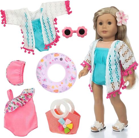 18 Inch Doll Clothes and Accessories, Doll Swimming Outfit Including Swimsuits Hat Sunglasses Garland Handbag Swimming Ring (Not Include Doll) in Saudi Arabia