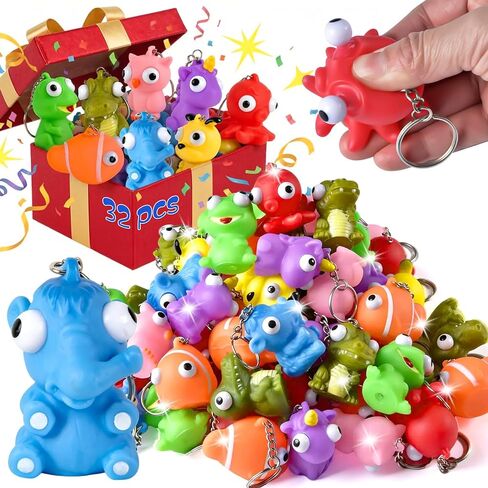 سلسلة مفاتيح إسفنجية لحفلات الأطفال - 32 عبوة من سلاسل المفاتيح الحيوانية ذات العيون البارزة، وحشو حقائب جودي، وحشو بيناتا، والفصول الدراسية، وجوائز الكرنفال، وهدايا نهاية العام للأطفال الطلاب in Kuwait