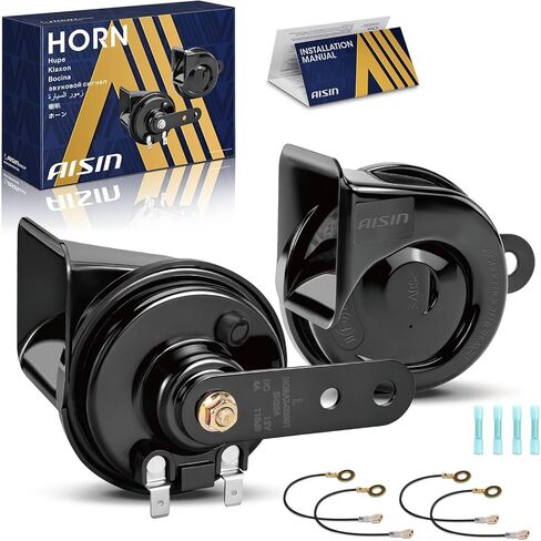 AISIN AFTERMARKET HORAZ-00002 Set of 2 High and Low Dual Tone Electric Snail Horn Universal - Compatible with Passenger Cars, Motorcycles, Trucks, Commercial & Off-Road Vehicles - 110 dB 12V 4A 80mm in Kuwait