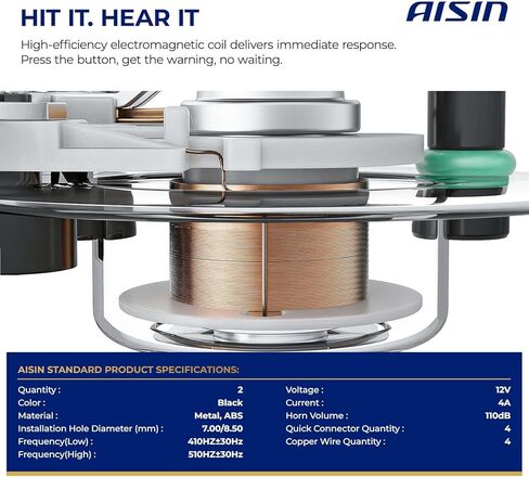 AISIN AFTERMARKET HORAZ-00002 Set of 2 High and Low Dual Tone Electric Snail Horn Universal - Compatible with Passenger Cars, Motorcycles, Trucks, Commercial & Off-Road Vehicles - 110 dB 12V 4A 80mm in Kuwait