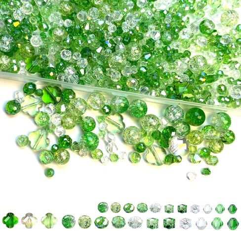 1000pcs Green Glass Beads for Jewelry Making - Assorted Size and Styles (Bicone, Rondelle, Suquare, Four-Leaf Clover, Crackle Round) Craft Crystal Beads for Bracelet Necklace Earring with 1 Box in Saudi Arabia