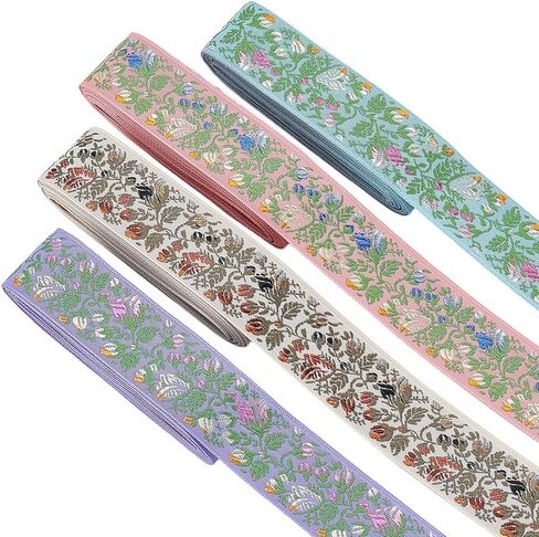 12 Yards Jacquard Ribbon Trim 4 Colors 1-1/8 Inch Flower Embroidery Woven Ribbon Trim Floral Embroidered Fabric Trims for DIY Sewing Craft Embellishments Clothes Home Decor Gift Wrapping in Kuwait