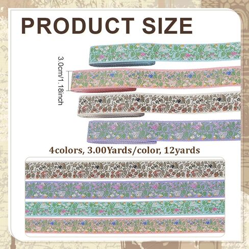 12 Yards Jacquard Ribbon Trim 4 Colors 1-1/8 Inch Flower Embroidery Woven Ribbon Trim Floral Embroidered Fabric Trims for DIY Sewing Craft Embellishments Clothes Home Decor Gift Wrapping in Kuwait