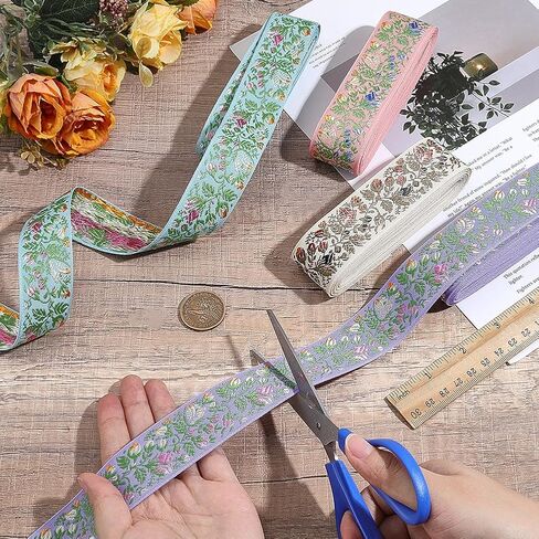 12 Yards Jacquard Ribbon Trim 4 Colors 1-1/8 Inch Flower Embroidery Woven Ribbon Trim Floral Embroidered Fabric Trims for DIY Sewing Craft Embellishments Clothes Home Decor Gift Wrapping in Kuwait