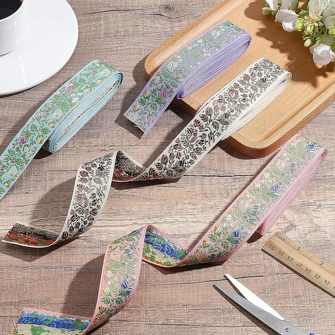 12 Yards Jacquard Ribbon Trim 4 Colors 1-1/8 Inch Flower Embroidery Woven Ribbon Trim Floral Embroidered Fabric Trims for DIY Sewing Craft Embellishments Clothes Home Decor Gift Wrapping in Kuwait