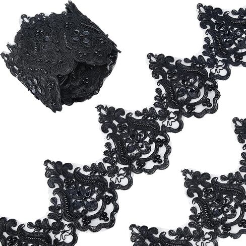 5Yards Black Embroidery Lace Trim Venice Lace Trim Polyester Embroidery Scalloped Trims Embroidered Flower Ribbon Bead Wave Pattern Ribbons for Sewing Wedding Dress Embellishment Home Decor in Saudi Arabia