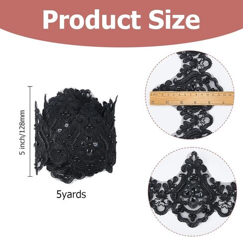 5Yards Black Embroidery Lace Trim Venice Lace Trim Polyester Embroidery Scalloped Trims Embroidered Flower Ribbon Bead Wave Pattern Ribbons for Sewing Wedding Dress Embellishment Home Decor in Saudi Arabia