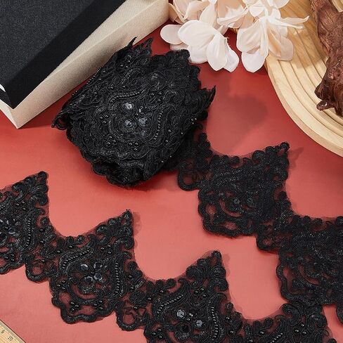 5Yards Black Embroidery Lace Trim Venice Lace Trim Polyester Embroidery Scalloped Trims Embroidered Flower Ribbon Bead Wave Pattern Ribbons for Sewing Wedding Dress Embellishment Home Decor in Saudi Arabia