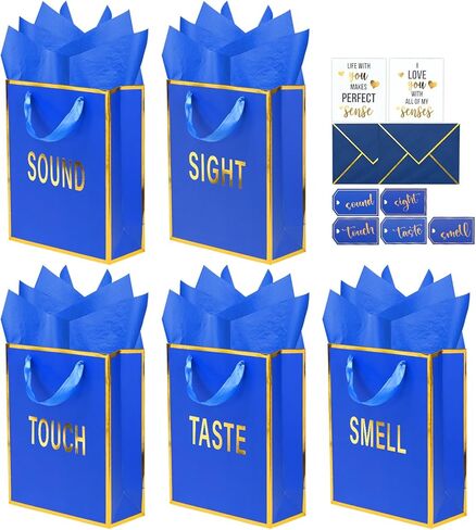 Gold Foil 5 Senses Gift Bags for Him Her with Labels Envelopes and Cards, Five Senses Gift Bags with Tissue Handle for Birthday, Anniversary, Mother's Day, Valentine's Day 9x7x3.2 Inch (Black) in Saudi Arabia