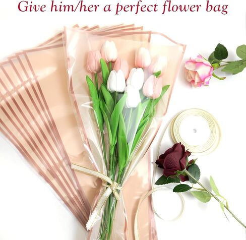 Wzifyf 50 PACK Flower Bags for Bouquets Flower Bouquet Holders Rose Gold Floral Wrapping Paper flower Sleeves Build Your Own Bouquet Bar with 72 Ft Ribbons for Valentine's Day Packaging Supplies in Saudi Arabia