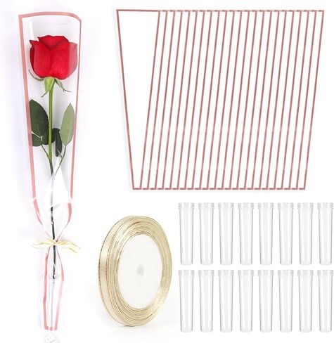 Wzifyf 50 PACK Flower Bags for Bouquets Flower Bouquet Holders Rose Gold Floral Wrapping Paper flower Sleeves Build Your Own Bouquet Bar with 72 Ft Ribbons for Valentine's Day Packaging Supplies in Saudi Arabia