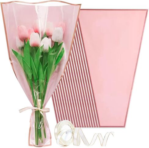 Wzifyf 50 PACK Flower Bags for Bouquets Flower Bouquet Holders Rose Gold Floral Wrapping Paper flower Sleeves Build Your Own Bouquet Bar with 72 Ft Ribbons for Valentine's Day Packaging Supplies in Saudi Arabia