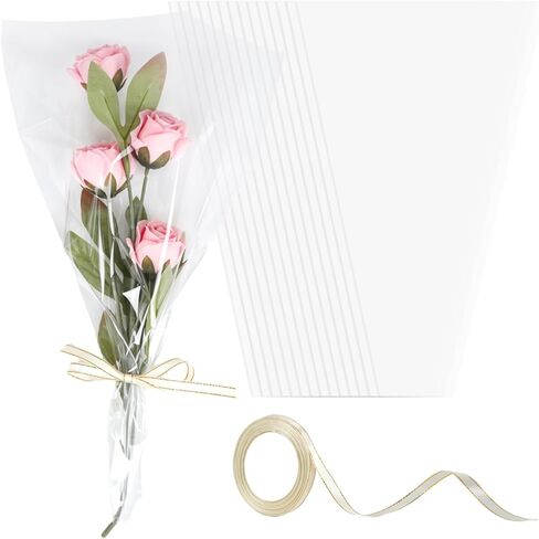 Wzifyf 50 PACK Flower Bags for Bouquets Flower Bouquet Holders Rose Gold Floral Wrapping Paper flower Sleeves Build Your Own Bouquet Bar with 72 Ft Ribbons for Valentine's Day Packaging Supplies in Saudi Arabia