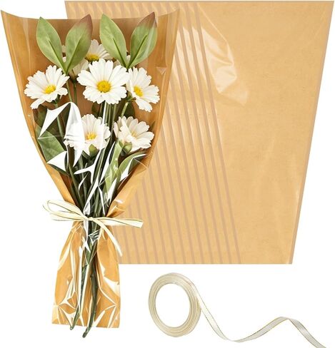 Wzifyf 50 PACK Flower Bags for Bouquets Flower Bouquet Holders Rose Gold Floral Wrapping Paper flower Sleeves Build Your Own Bouquet Bar with 72 Ft Ribbons for Valentine's Day Packaging Supplies in Saudi Arabia