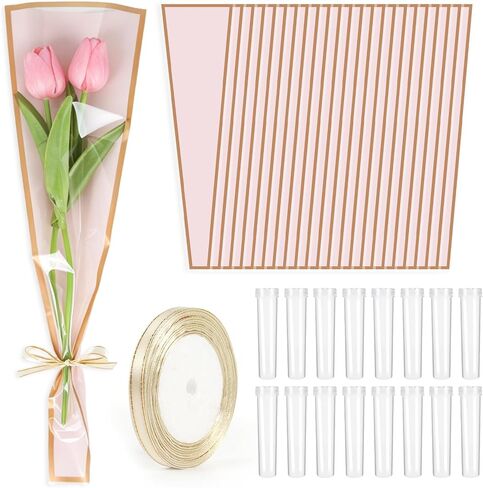 Wzifyf 50 PACK Flower Bags for Bouquets Flower Bouquet Holders Rose Gold Floral Wrapping Paper flower Sleeves Build Your Own Bouquet Bar with 72 Ft Ribbons for Valentine's Day Packaging Supplies in Saudi Arabia