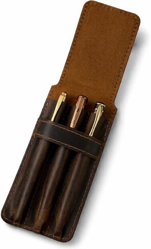 Genuine Leather Pen Case for 3 Pens - Handmade Premium Pen Holder Organizer with Flap Closure Slim Travel Pouch for Office Business Use, 3.5 x 7- Black in Saudi Arabia