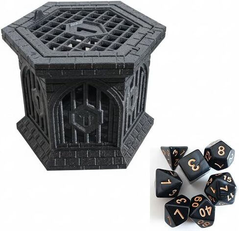 Dice Jail with Secure Clip-On Lid - Fun Dungeon Cage Prison for Tabletop RPG Polyhedral Dice Games (Includes Free 7-Piece Polyhedral Dice Set) (Shining Black) in Saudi Arabia