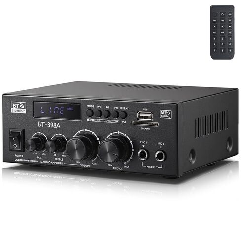 AK-390 2.0CH Stereo Amplifier, Max 400W HiFi Stereo Amplifier, Bluetooth 5.0 Home Audio Power Amplifier with MIC/RCA/USB/SD/FM for Car Home Karaoke Bar Garage, Remote Control & Power Adapter in Saudi Arabia