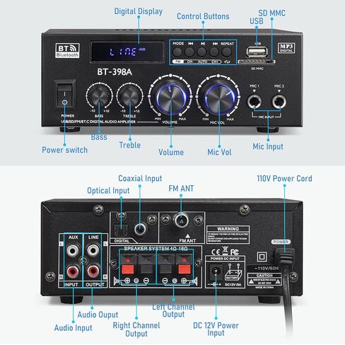AK-390 2.0CH Stereo Amplifier, Max 400W HiFi Stereo Amplifier, Bluetooth 5.0 Home Audio Power Amplifier with MIC/RCA/USB/SD/FM for Car Home Karaoke Bar Garage, Remote Control & Power Adapter in Saudi Arabia