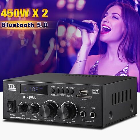 AK-390 2.0CH Stereo Amplifier, Max 400W HiFi Stereo Amplifier, Bluetooth 5.0 Home Audio Power Amplifier with MIC/RCA/USB/SD/FM for Car Home Karaoke Bar Garage, Remote Control & Power Adapter in Saudi Arabia