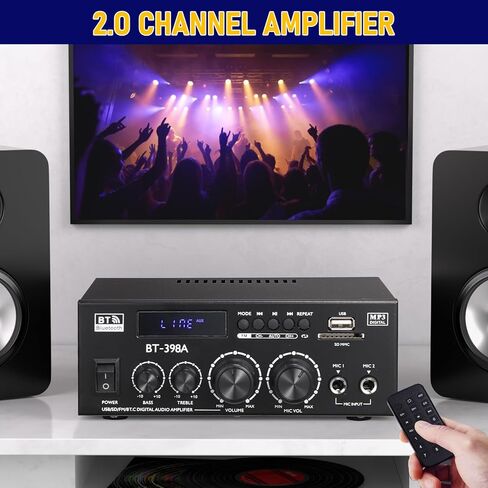 AK-390 2.0CH Stereo Amplifier, Max 400W HiFi Stereo Amplifier, Bluetooth 5.0 Home Audio Power Amplifier with MIC/RCA/USB/SD/FM for Car Home Karaoke Bar Garage, Remote Control & Power Adapter in Saudi Arabia