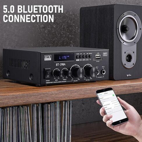 AK-390 2.0CH Stereo Amplifier, Max 400W HiFi Stereo Amplifier, Bluetooth 5.0 Home Audio Power Amplifier with MIC/RCA/USB/SD/FM for Car Home Karaoke Bar Garage, Remote Control & Power Adapter in Saudi Arabia