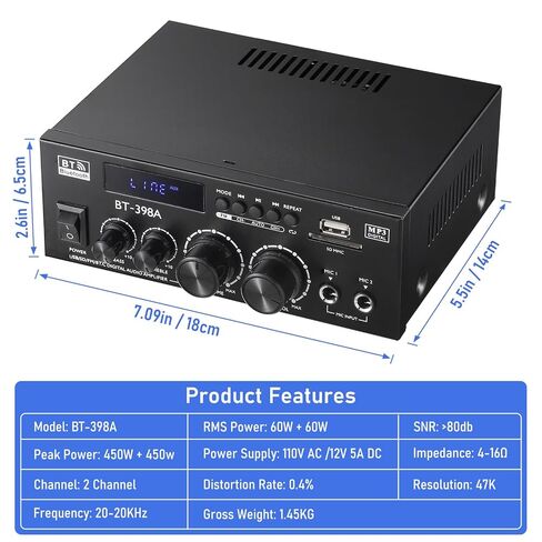 AK-390 2.0CH Stereo Amplifier, Max 400W HiFi Stereo Amplifier, Bluetooth 5.0 Home Audio Power Amplifier with MIC/RCA/USB/SD/FM for Car Home Karaoke Bar Garage, Remote Control & Power Adapter in Saudi Arabia