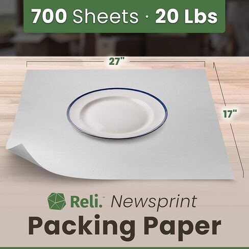 Reli. Newsprint Packing Paper (20 lbs), 700 Sheets | 27" x 17" | Packing Paper Sheets for Moving | Newspaper Box Filler | Perfect for Wrapping, Moving, & Packaging Supplies | Made in the USA in Kuwait