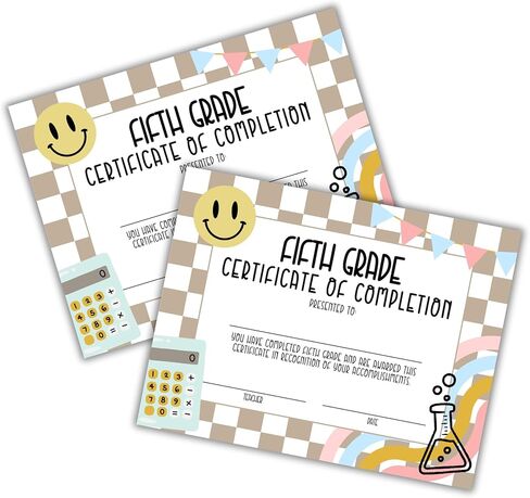 5th Fifth Grade Graduation Certificate of Completion Award 30pk 8.5x11" End of Year Hand Out Tan Neutral Checkered Modern 90’s Smiley Faces Friendship Bracelets in Kuwait