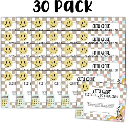 5th Fifth Grade Graduation Certificate of Completion Award 30pk 8.5x11" End of Year Hand Out Tan Neutral Checkered Modern 90’s Smiley Faces Friendship Bracelets in Kuwait