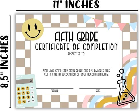 5th Fifth Grade Graduation Certificate of Completion Award 30pk 8.5x11" End of Year Hand Out Tan Neutral Checkered Modern 90’s Smiley Faces Friendship Bracelets in Kuwait