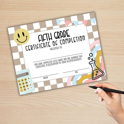 5th Fifth Grade Graduation Certificate of Completion Award 30pk 8.5x11" End of Year Hand Out Tan Neutral Checkered Modern 90’s Smiley Faces Friendship Bracelets in Kuwait