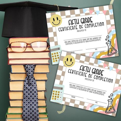 5th Fifth Grade Graduation Certificate of Completion Award 30pk 8.5x11" End of Year Hand Out Tan Neutral Checkered Modern 90’s Smiley Faces Friendship Bracelets in Kuwait