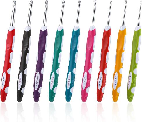 SULIKJHUI 9 Pcs Ergonomic Crochet Hooks with Handle, Crochet Hook Set Ergonomic Soft Grip for Arthritis Crochets Hooks, 2.0-6.0mm (B-J) Stainless Steel, 6.5 Inch for Beginners & Seniors in Saudi Arabia