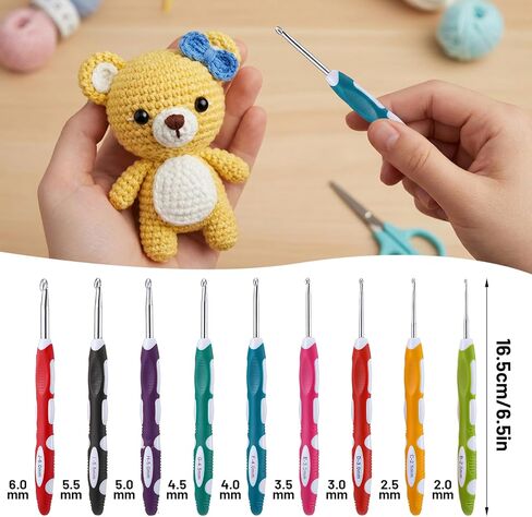 SULIKJHUI 9 Pcs Ergonomic Crochet Hooks with Handle, Crochet Hook Set Ergonomic Soft Grip for Arthritis Crochets Hooks, 2.0-6.0mm (B-J) Stainless Steel, 6.5 Inch for Beginners & Seniors in Saudi Arabia