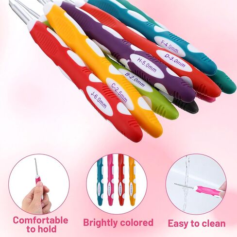 SULIKJHUI 9 Pcs Ergonomic Crochet Hooks with Handle, Crochet Hook Set Ergonomic Soft Grip for Arthritis Crochets Hooks, 2.0-6.0mm (B-J) Stainless Steel, 6.5 Inch for Beginners & Seniors in Saudi Arabia