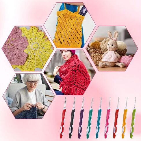 SULIKJHUI 9 Pcs Ergonomic Crochet Hooks with Handle, Crochet Hook Set Ergonomic Soft Grip for Arthritis Crochets Hooks, 2.0-6.0mm (B-J) Stainless Steel, 6.5 Inch for Beginners & Seniors in Saudi Arabia