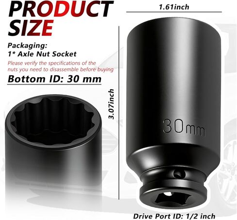 30mm Socket 1/2" Drive,Anti-Slip 12-Point Deep Impact Socket for Hub & Axle Nut Quick Removal by Impact Wrench,Universal Professional Axle Nut Sockets as Automotive Tools in Kuwait