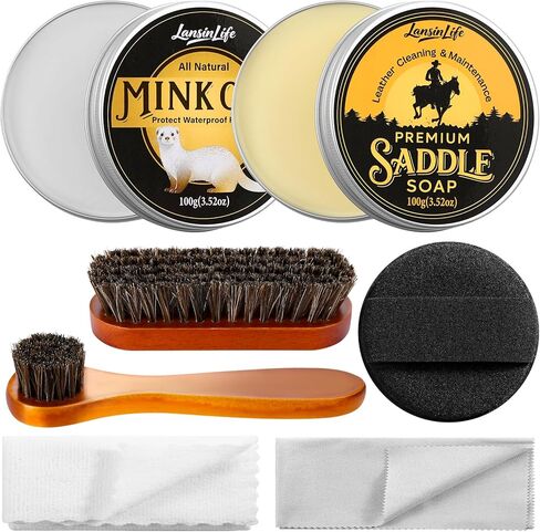 Leather Boot Care Kit, 7-in-1 Saddle Soap & Mink Oil for Leather Cleaning & Polish with 2 Horsehair Brush, Polishing Cloth, Microfiber Cloth, Leather Cleaner and Conditioner for Boots, Shoes, Couch in Saudi Arabia