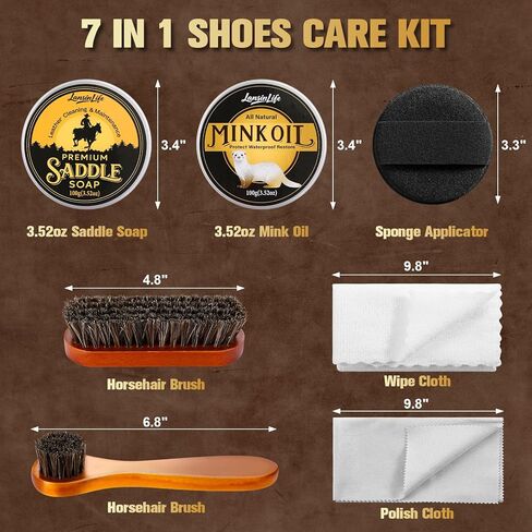 Leather Boot Care Kit, 7-in-1 Saddle Soap & Mink Oil for Leather Cleaning & Polish with 2 Horsehair Brush, Polishing Cloth, Microfiber Cloth, Leather Cleaner and Conditioner for Boots, Shoes, Couch in Saudi Arabia
