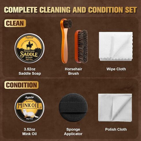Leather Boot Care Kit, 7-in-1 Saddle Soap & Mink Oil for Leather Cleaning & Polish with 2 Horsehair Brush, Polishing Cloth, Microfiber Cloth, Leather Cleaner and Conditioner for Boots, Shoes, Couch in Saudi Arabia