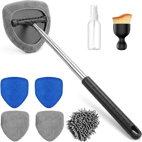 Car Windshield Cleaner Tool with Built-in Squeegee & Up to 40" Extendable Handle, Auto Inside Window Glass Cleaning Brush Kit, 5 Washable Pads (Chenille/Coral/Microfiber) for SUV, RV in Saudi Arabia