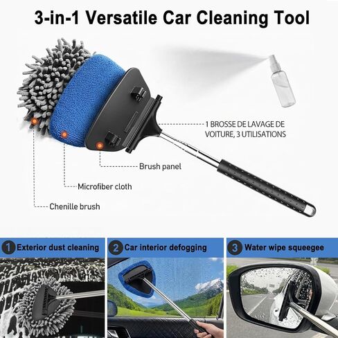 Car Windshield Cleaner Tool with Built-in Squeegee & Up to 40" Extendable Handle, Auto Inside Window Glass Cleaning Brush Kit, 5 Washable Pads (Chenille/Coral/Microfiber) for SUV, RV in Saudi Arabia