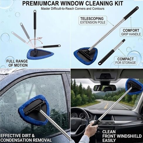 Car Windshield Cleaner Tool with Built-in Squeegee & Up to 40" Extendable Handle, Auto Inside Window Glass Cleaning Brush Kit, 5 Washable Pads (Chenille/Coral/Microfiber) for SUV, RV in Saudi Arabia