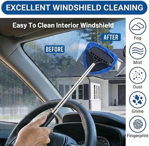 Car Windshield Cleaner Tool with Built-in Squeegee & Up to 40" Extendable Handle, Auto Inside Window Glass Cleaning Brush Kit, 5 Washable Pads (Chenille/Coral/Microfiber) for SUV, RV in Saudi Arabia