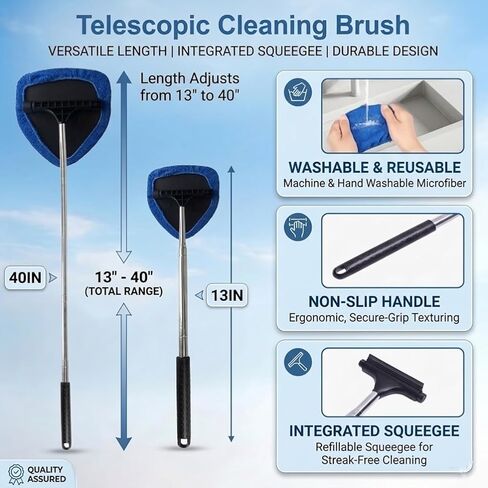 Car Windshield Cleaner Tool with Built-in Squeegee & Up to 40" Extendable Handle, Auto Inside Window Glass Cleaning Brush Kit, 5 Washable Pads (Chenille/Coral/Microfiber) for SUV, RV in Saudi Arabia